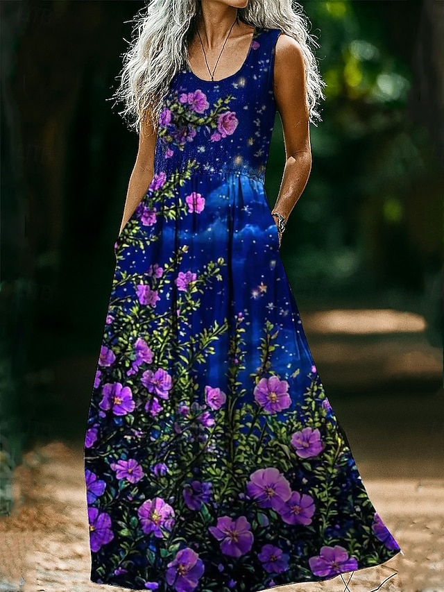  Abito vintage da donna in stile boho con stampa floreale, casual, per uscire in spiaggia, vestibilità regolare, senza maniche, scollo a U, rosa vinaccia, marrone chiaro, blu, estate e primavera.