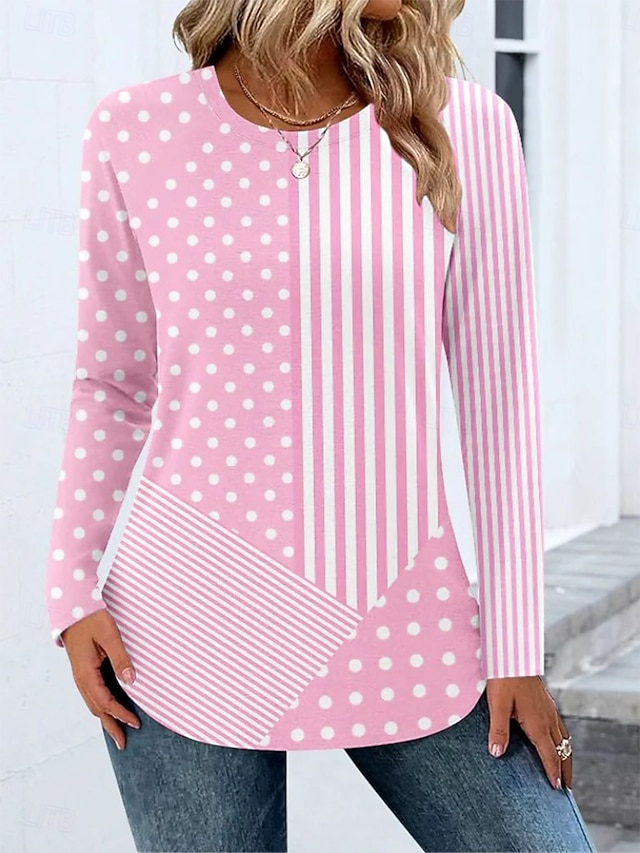  Dámské tričko s krátkým rukávem Crew Neck dlouhý rukáv tunika grafika geometrická pruhovaná vintage stylové kulatý výstřih běžné topy denní tisk růžová podzim
