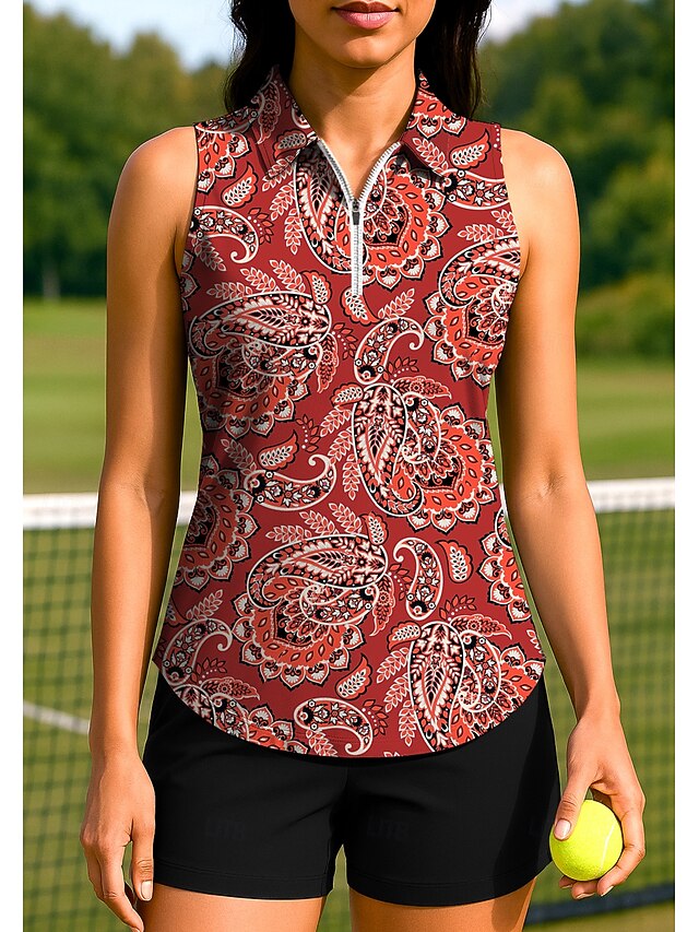 Women's Paisley Plants Tops Sport Shirt Golf Polo Shirt Tennis Shirt Sleeveless Zipper UPF50+ UV Resistant High Elasticity Moisture Wicking Breathable Tennis Pickleball Running Turndown Zip Collar4