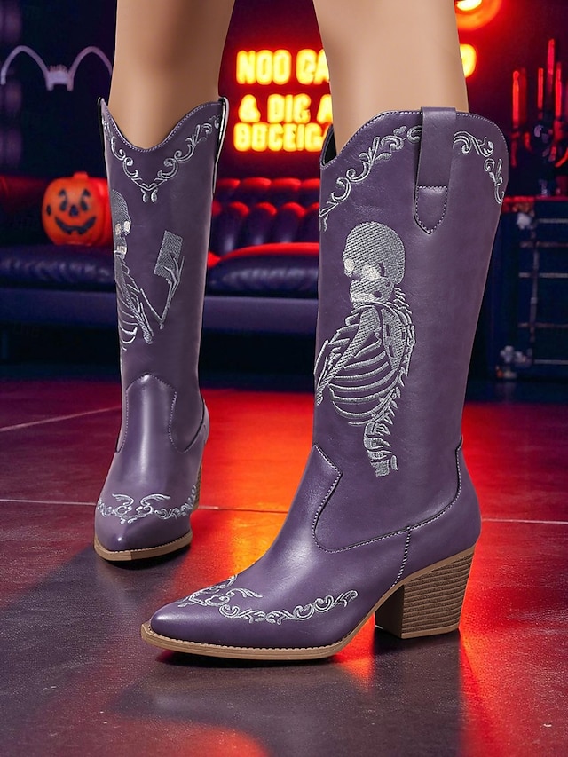  Botas vaqueras azules occidentales para mujer con bordado de esqueleto rosa: botas de media pantorrilla con tacón grueso para disfraz gótico de Halloween, ideal para cosplay, conciertos y festivales