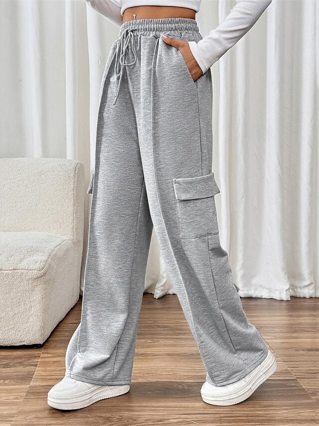  Femmes Joggings Jambe large Pantalons Mode Streetwear Longueur complète Taille haute Uni Avec Poches Taille Élastique Respirabilité Confortable Micro-Élastique Rue Tenue quotidienne Sortir Gris