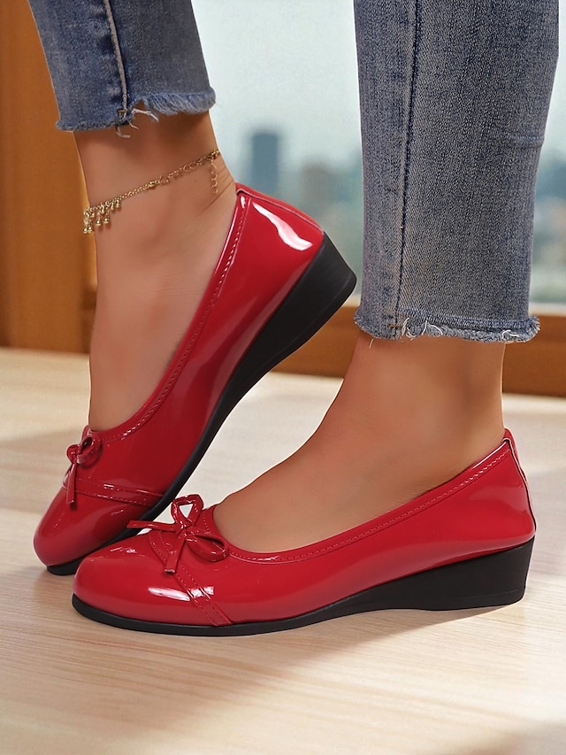 sapatilhas femininas de couro envernizado vermelho com laço - sapatos sociais clássicos de bico redondo e sem cadarço para adolescentes e mulheres, ideais para a escola, trabalho e roupas casuais do
