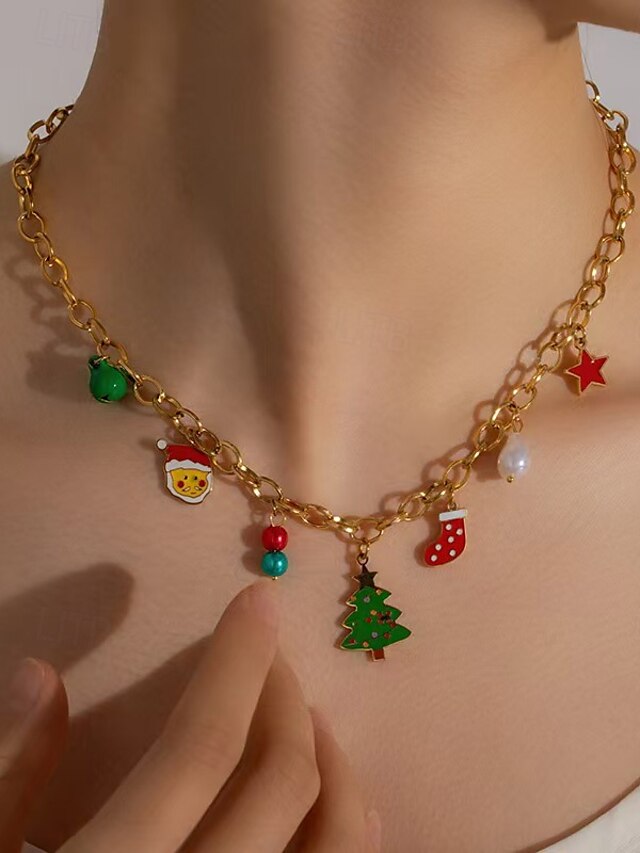 Conjunto de joyas navideñas para mujer: collar, pulsera y pendientes de cadena dorada con colgantes de árbol festivo, Papá Noel y medias, divertidos accesorios navideños para atuendos de fiesta