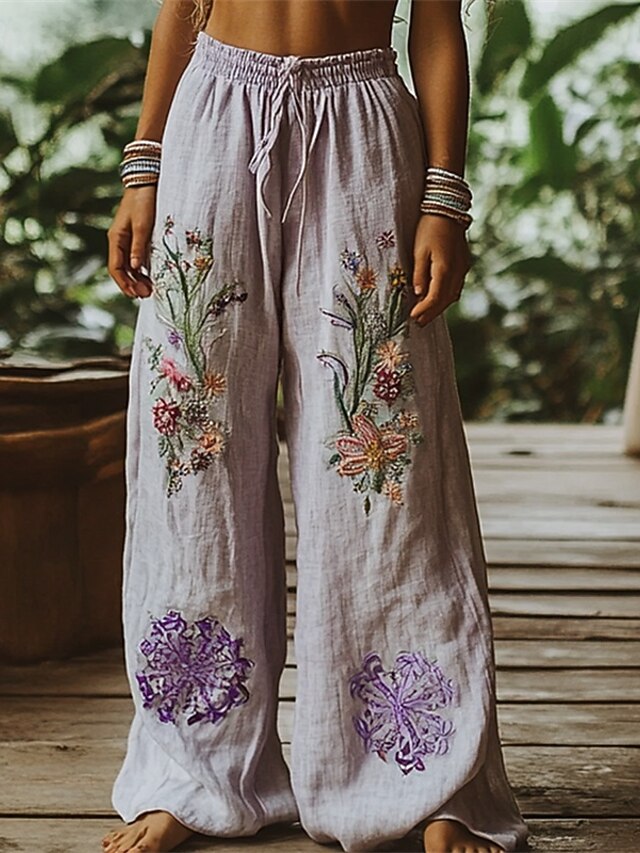  Pentru femei Picior Larg Pantaloni Pantaloni Palazzo Modă Boho Lungime totală Talie Înaltă Floare Talie elastică Cordon Imprimeu Respirabilitate Comfortabil Stradă Purtare Zilnică Ieșire Mov