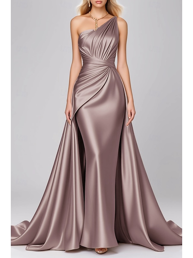  Robe de soirée sirène rose noire élégante, robe formelle pour invité de mariage, longueur au sol, sans manches, asymétrique, robe rose en satin extensible avec plis, 2025