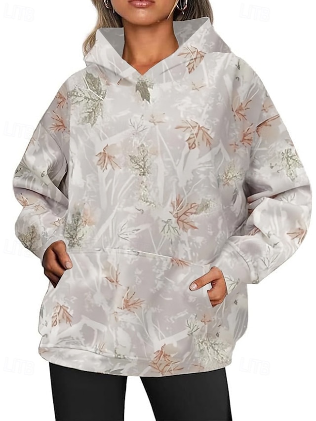  Women's Pullover Hoodie Sweatshirt Floral Streetwear Casual Long Sleeve Hooded Regular Tops Street Holiday Going out Pocket Print White Orange Green Khaki Light Grey Fall Winter