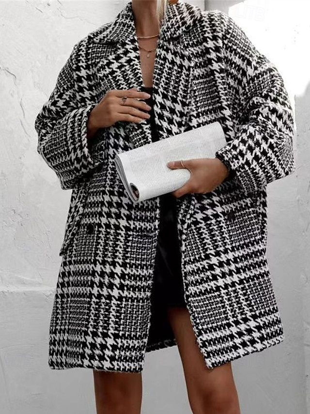  Dames Jas Vrijetijdsjas Houd Warm Comfortabel Zak Modieus Modern Casual Pied-de-poule Uitgaan Weekend Enkele rij knopen Lang Strijkijzer Normale pasvorm Lange mouw bovenkleding Zwart Abrikoos Herfst