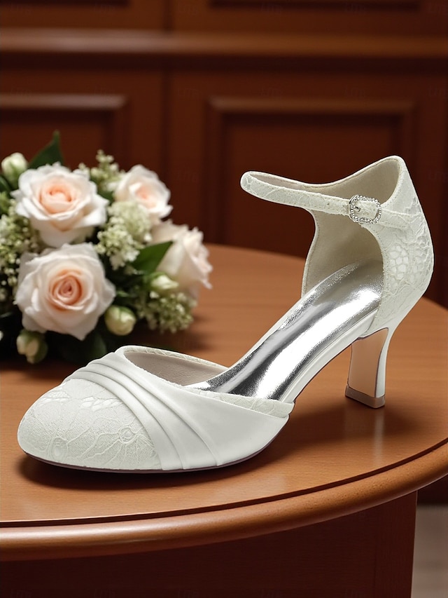  Femmes Chaussures à Talons Rétro Soirée Quotidien Fleuri Strass Boucle Stiletto Bout Rond Élégant ancien Dentelle Satin Boucle Noir Blanche Ivoire
