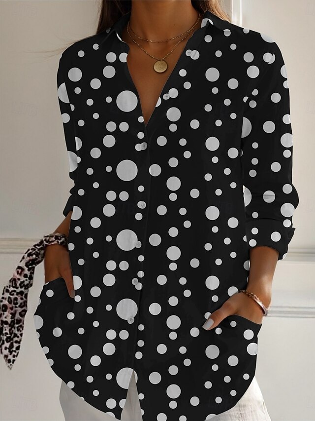 Women's Shirt Geometric Active Daily Stylish Long Sleeve Shirt Collar Regular Tops Daily Holiday Buttons Print Black Spring Fall4