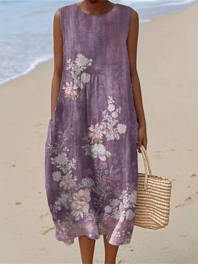 Women's Midi Dress Casual Dress Summer Dress Fashion Modern Daily Beach Weekend Regular Fit Flower Sleeveless Crew Neck Pink Blue Purple Fall3
