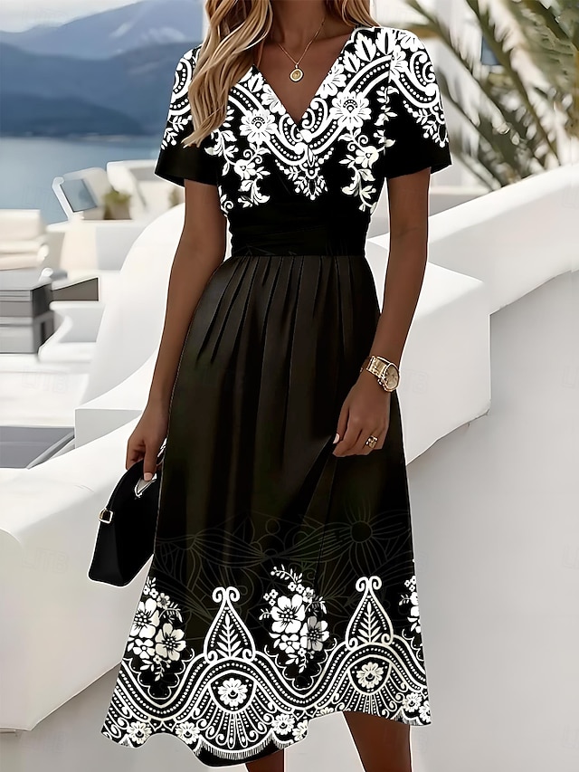  Női Midi ruha A vonalú ruha Slip ruha Elegáns Csehország Szabadság Tengerpart Normál Grafika Paisley Rövid ujjú V-alakú Fekete Rubin Medence Lóhere Nyár Tavasz