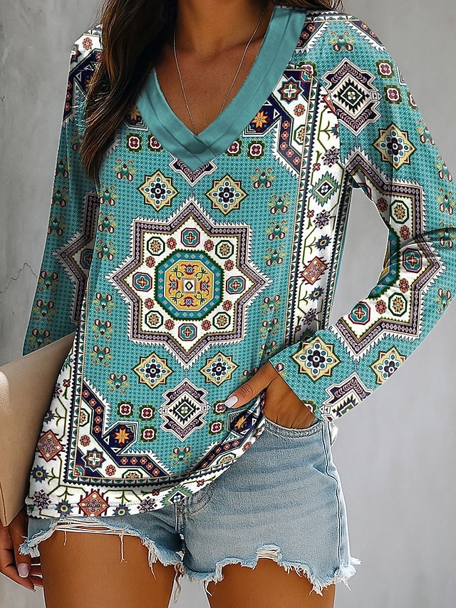  Femmes T-shirt Graphique Géométrique Paisley Élégant ancien Classique manche longue Col en V Hauts Réguliers Quotidien Sortir Week-end Imprimé Bleu Violet Vert Été Printemps Automne
