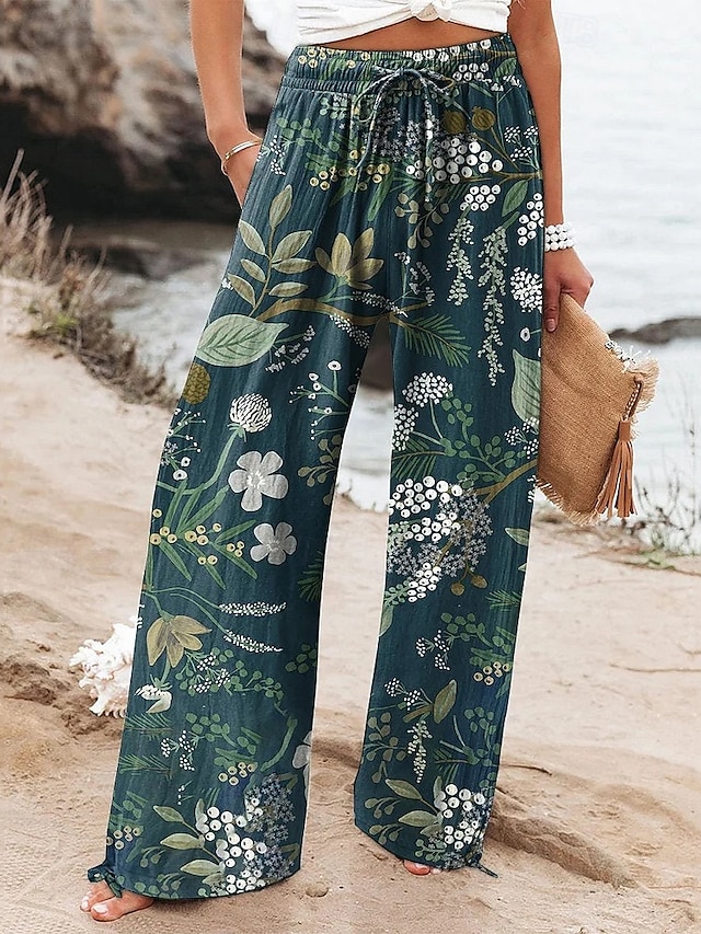 Pentru femei Picior Larg Pantaloni Pantaloni Palazzo Modă Boho Lungime totală Talie Înaltă Floare Talie elastică Cordon Imprimeu Respirabilitate Comfortabil Stradă Purtare Zilnică Ieșire Albastru