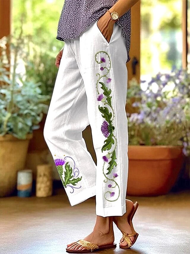 Women's Chinos Straight Vacation Vintage Ethnic Style Ankle-Length High Waist Floral Graphic Embroidered Pocket Printing Soft Outdoor Breathable Inelastic Vacation Street Causal White / Green Summer4