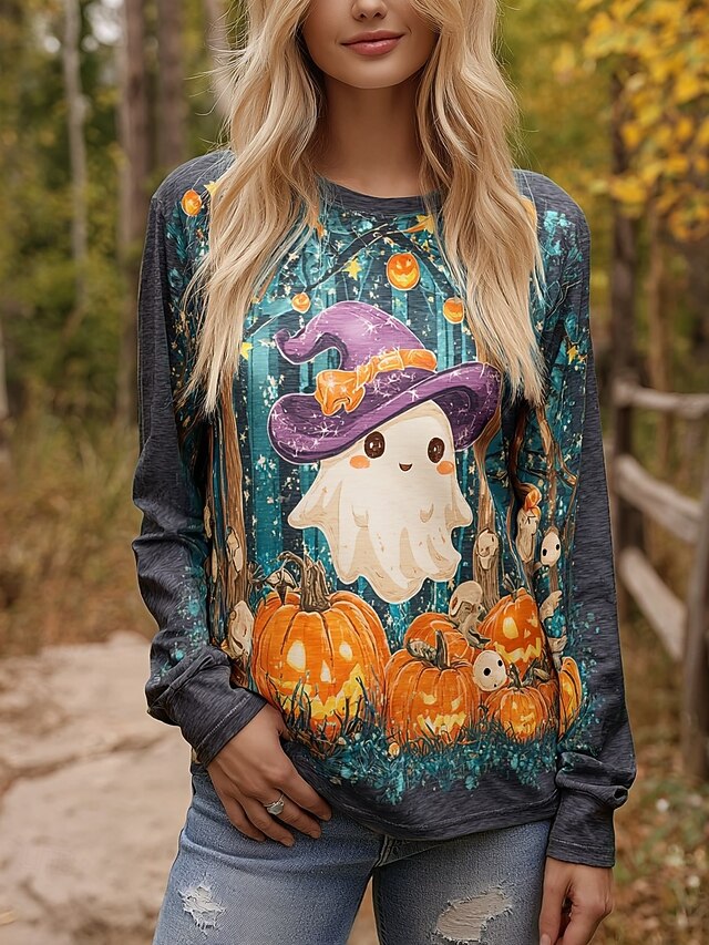 Halloween Women's T shirt Ghost Crew Neck Long Sleeve Tunic Floral Vintage Stylish Classic Round Neck Regular Tops Daily Print Gray Spring Fall4