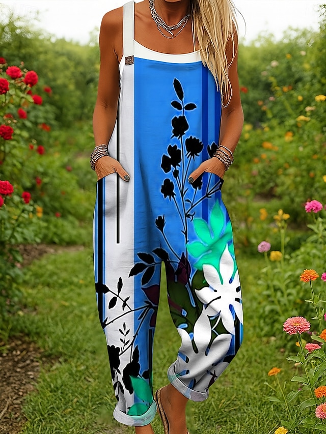  Mujer Mono Activo Floral Sin Mangas Pantalones Harén Correa con bolsillo Vacaciones Calle Holgado Amarillo Rojo Azul Piscina Verano