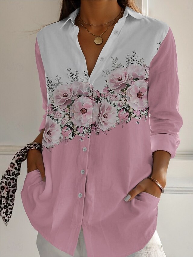Women's Shirt Floral Active Daily Stylish Long Sleeve Shirt Collar Regular Tops Daily Holiday Buttons Print Pink Spring Fall4