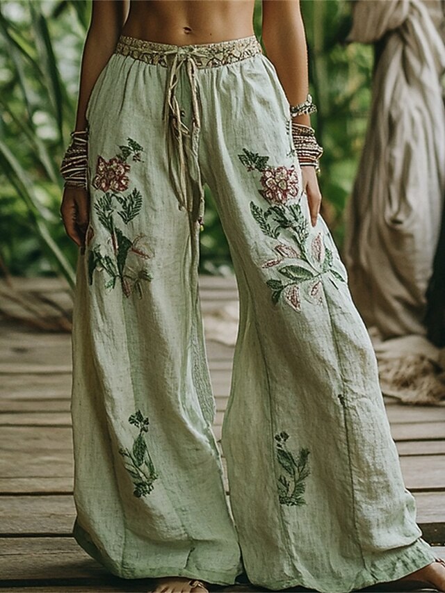 Women's Wide Leg Pants Trousers Palazzo Pants Fashion Boho Full Length High Waist Flower Elastic Waist Drawstring Print Breathability Comfortable Street Daily Wear Going out Green Spring Fall Regular4