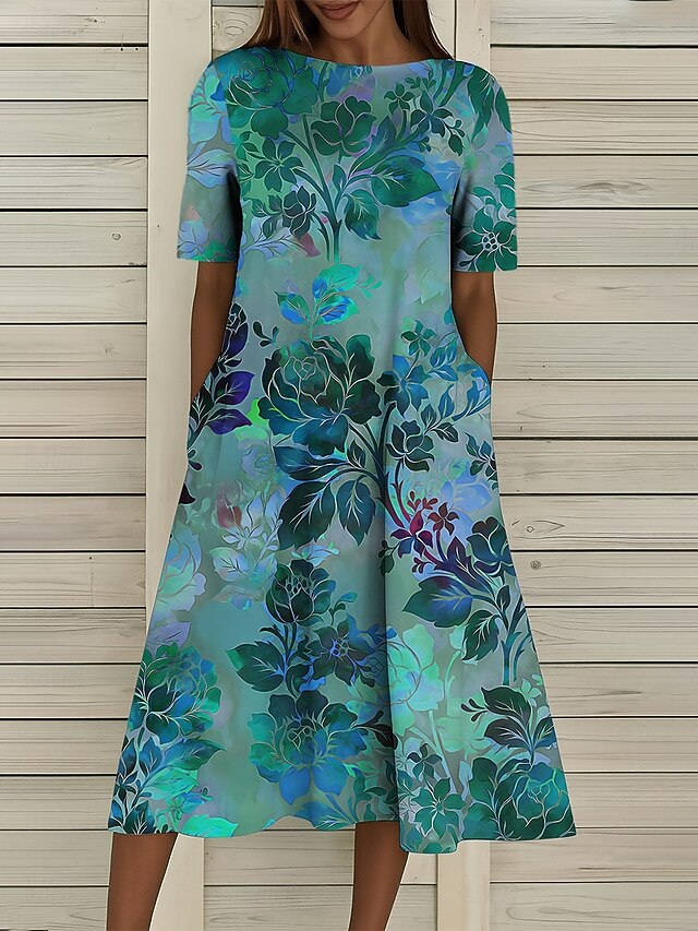 Women's Midi Dress T Shirt Dress Tee Dress A Line Dress Summer Dress Vacation Casual Beach Date Summer Dress Regular Fit Floral Graphic Short Sleeve Crew Neck Red Blue Green Summer Spring4