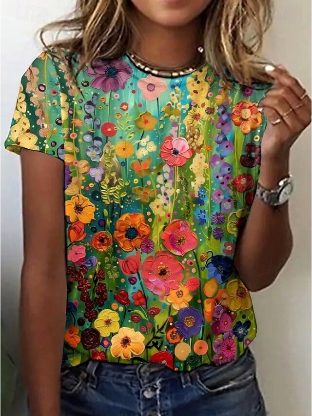 Women's T Shirt Floral Graphic Plants Vintage Stylish Classic Short Sleeve Crew Neck Round Neck Regular Tops Daily Print Blue Green Summer Spring3