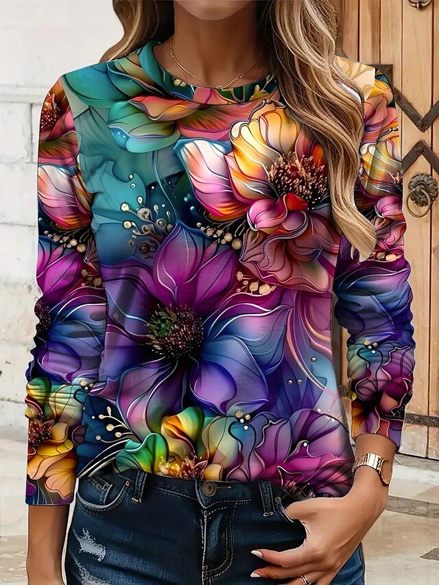  Per donna Maglietta Floreale Grafico Piante Vintage Elegante Classico Manica Lunga Girocollo Top Regolari Quotidiano Stampato Giallo Rosso Blu Viola Verde Estate Primavera Autunno