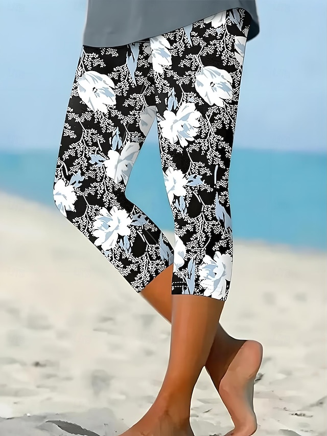  Woman's Leggings Capri Pants Înaltă Elasticitate Vacanță Modă Hawaiian Lungime până la glezne Talie Medie Imprimare Florală Termic Călduros Respirabil Moale  Vacanță Casual Zilnic Gri Cenușiu Vară