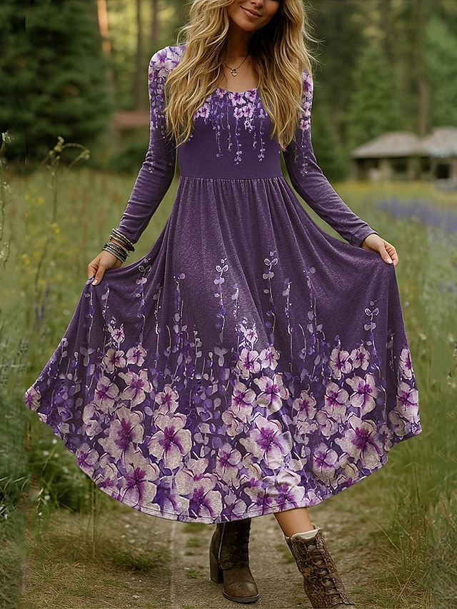  Női Maxiruha Fit and Flare ruha Szabadság Alkalmi Boho Parti Napi Alkalmi Normál Virágos Pöttyös Hosszú ujj Terített nyak Medence Égszínkék Bíbor Ősz Tél