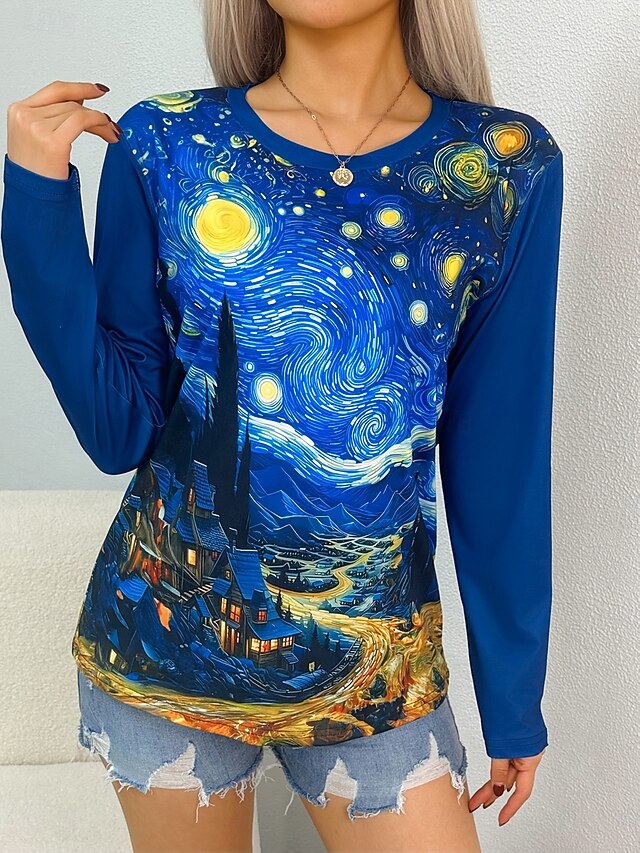 Women's T shirt Crew Neck Long Sleeve Tunic Graphic Abstract Vintage Stylish Classic  Round Neck Regular Tops Daily Print Blue Fall4