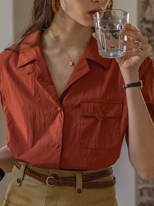  Damen Hemd Bluse Einfach Modern Lässig Kurzarm Hemdkragen Normale Oberteile Ferien Ausgehen Tasche Knöpfe Wein Sommer