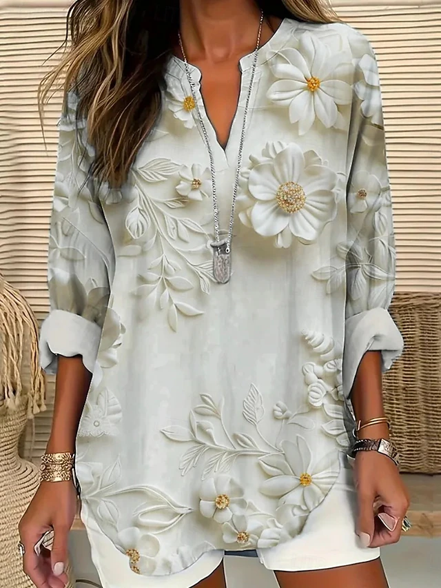 Women's Shirt Floral 3D Daily Casual Long Sleeve V Neck Regular Tops Daily Holiday Buttons Print Green Spring Fall4