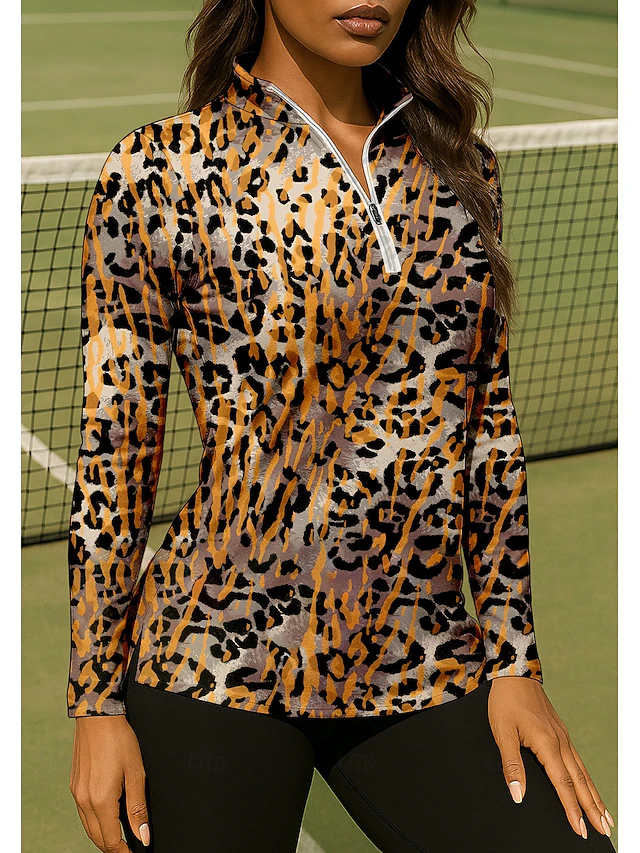 Women's Leopard Shirt Sport Shirt Golf Polo Shirt Tennis Shirt Long Sleeve Zipper Floral UPF50+ UV Resistant High Elasticity Moisture Wicking Breathable Volleyball Tennis Golf Stand Collar Zip Collar4