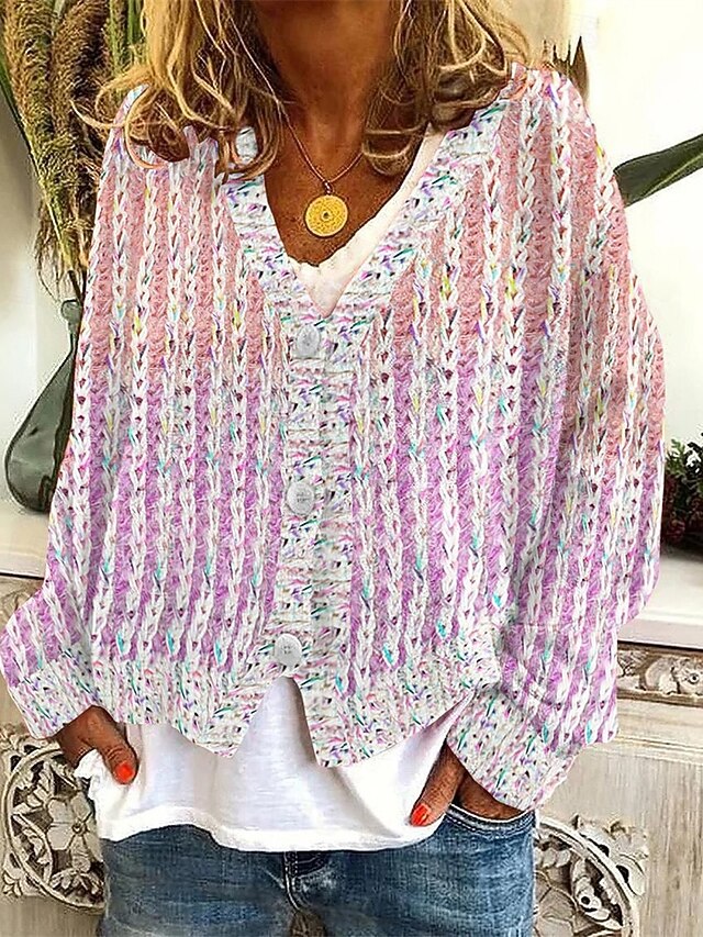 Women's Sweater Cardigan Fashion Streetwear Daily Striped Ribbed V Neck Knitted Print Long Sleeve Regular Tops Knit Holiday Going out Weekend Pink Fall Winter4
