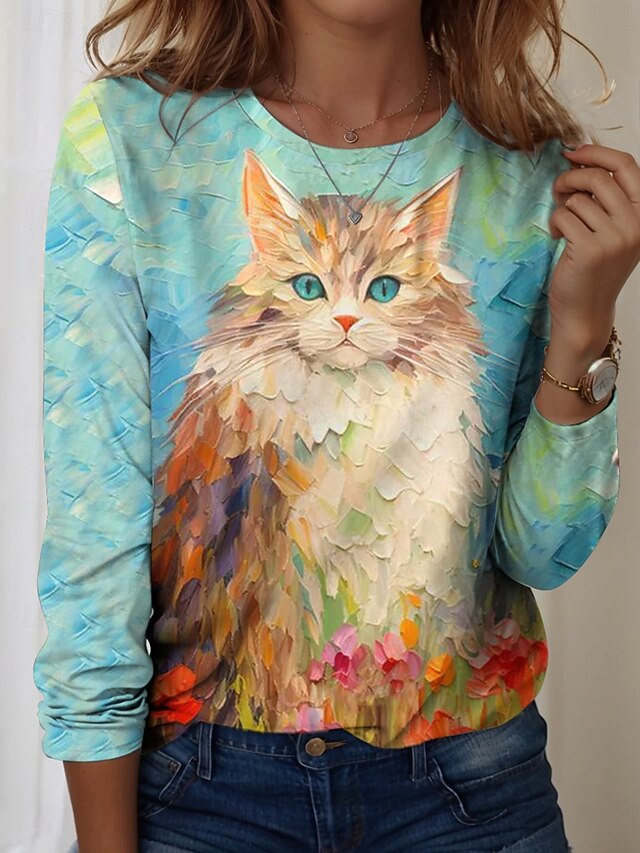 Women's T shirt Crew Neck Long Sleeve Tunic Graphic Animal Vintage Stylish Modern  Regular Tops Daily Print Yellow Blue Sky Blue Fall4