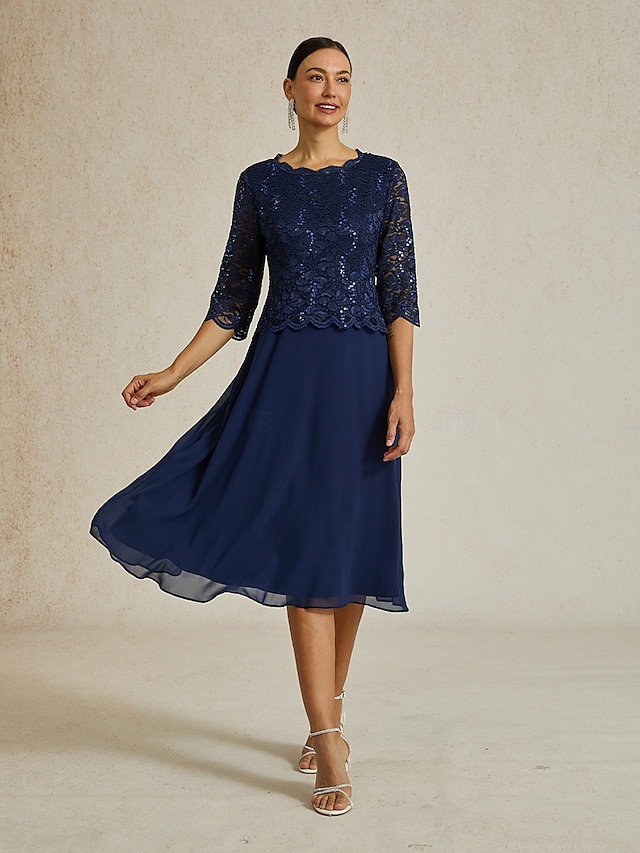  Mujer Vestido Midi Vestido de raso Elegante Fiesta Cumpleaños Ajuste regular Color sólido Manga 3/4 Cuello Barco Azul Marino Verano Primavera Otoño
