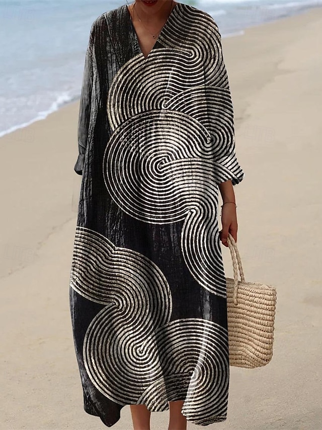  Women's Midi Dress Casual Dress Print Dress Fashion Modern Daily Beach Weekend Regular Fit Striped Long Sleeve V Neck Black Yellow Pink Green Spring Fall