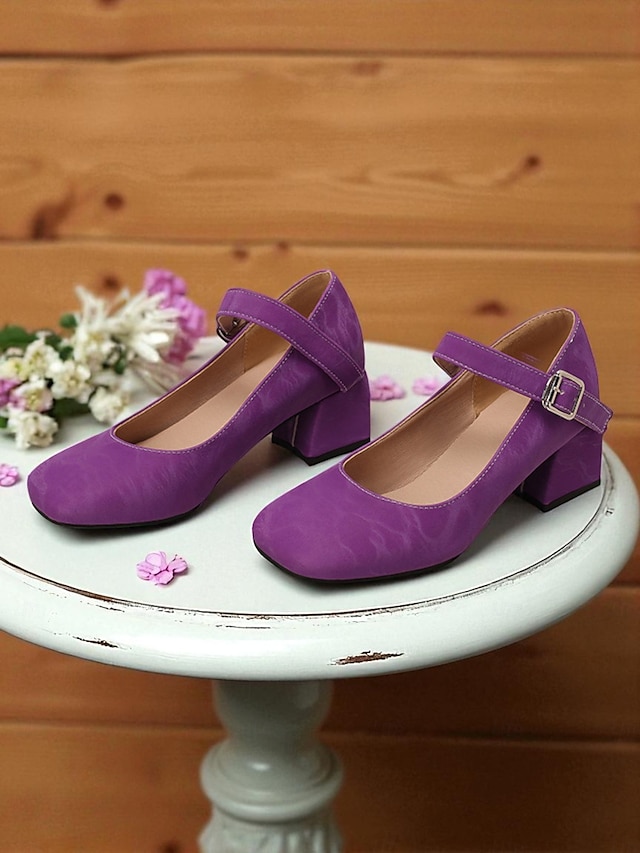  Chaussures Mary Jane violettes à talons carrés pour femmes – Escarpins habillés en similicuir à bout rond avec bride réglable pour dames, idéales pour les sorties quotidiennes, les événements scolaires ou le bureau