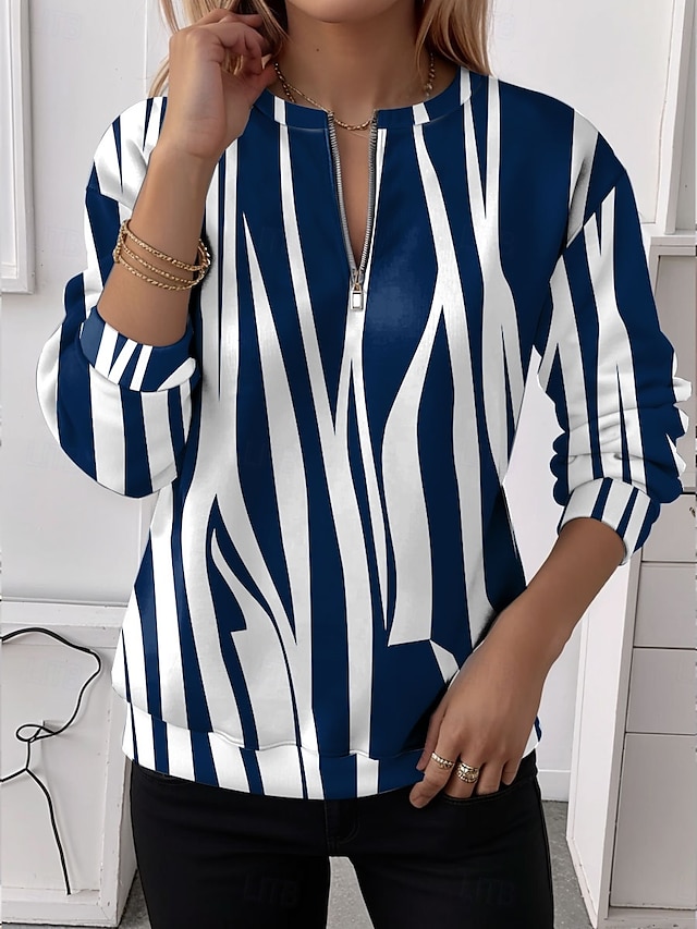  Pull à fermeture éclair quart pour femmes graphique rayé décontracté à manches longues col rond tops réguliers vêtements de rue port quotidien impression à moitié bleu violet marron vert automne hiver