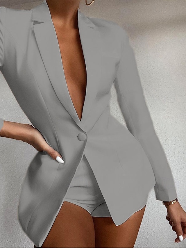  Women's Blazer Comfortable Breathable Buttons Fashion Modern Plain Work Daily Regular Turndown Regular Fit Long Sleeve Outerwear Light Blue Black Dark Blue Spring Fall