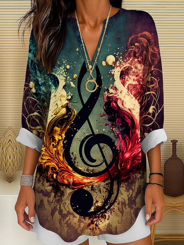  Musikfestival Damen Bluse Ombre Grafik Geometrisch Elegant Vintage Tropisch Langarm V Ausschnitt Normale Oberteile Täglich Ferien Druck Gelb Blau Grün Sommer Frühling