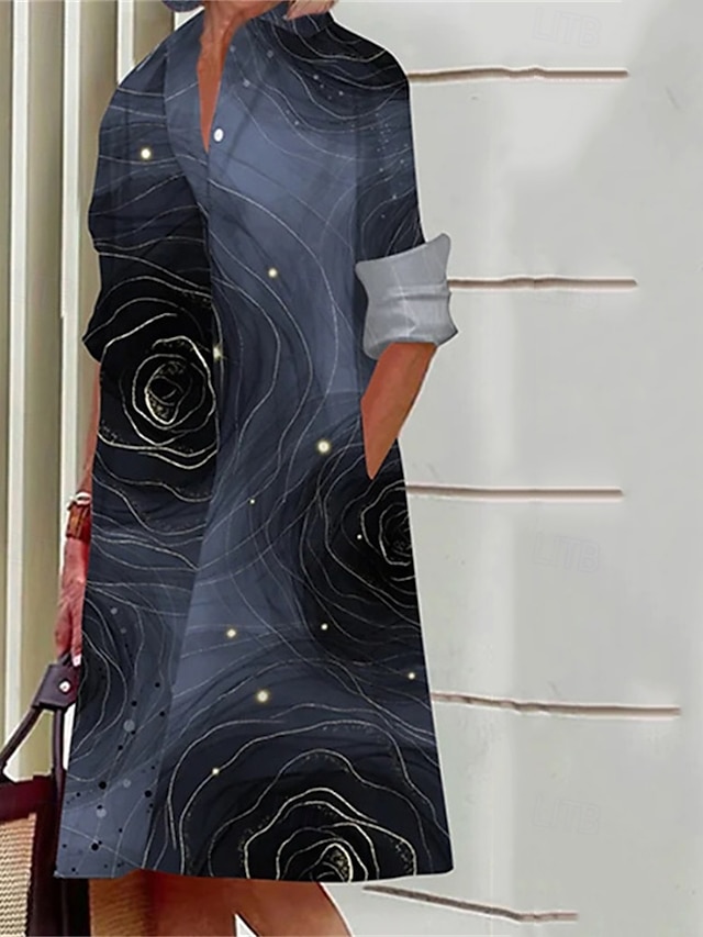  Femmes Robe Midi Robe Chemise Robe Décontractée Mode Moderne Quotidien Plage Week-end Coupe régulière Fleur manche longue Col de chemise Blanche Jaune Rose Claire bleu marine Printemps Automne
