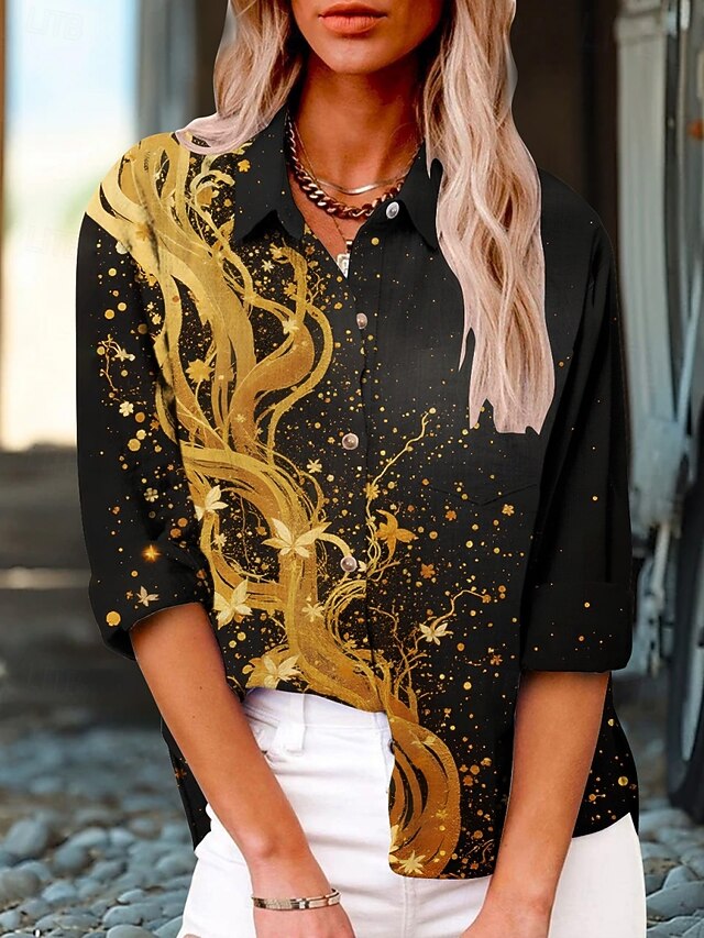Women's Shirt Floral Active Daily Stylish Long Sleeve Shirt Collar Regular Tops Daily Holiday Buttons Print Black Summer Spring Fall4