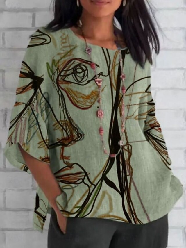 Women's Shirt Abstract Daily Casual 3/4 Length Sleeve Crew Neck Regular Tops Daily Holiday Print White Blue Green Summer Spring Fall4