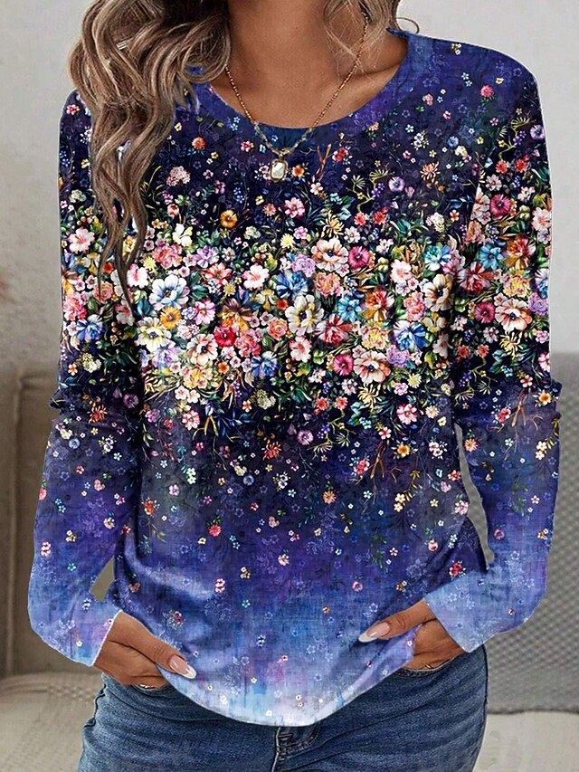 Women's T shirt Crew Neck Long Sleeve Tunic Floral Graphic Plants Vintage Stylish Classic  Round Neck Regular Tops Daily Print Navy Blue Fall4