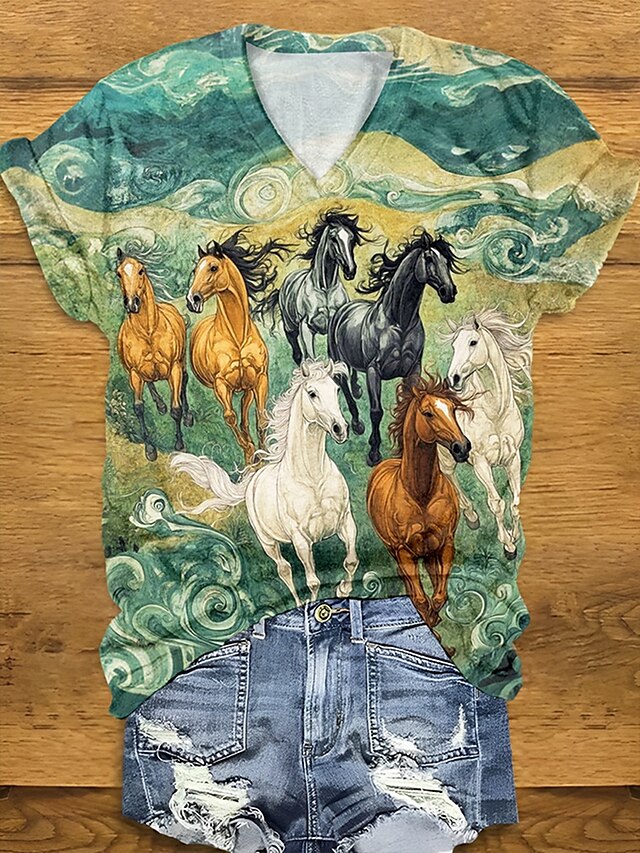  Femmes T-shirt Graphique Animal ancien Occasionnel Manche Courte Col en V Hauts Réguliers Quotidien Week-end Imprimé Jaune Vert Été Printemps