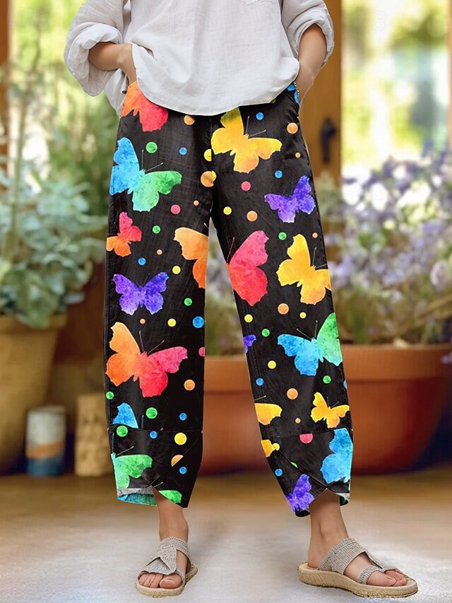 Women's Slacks Pants Trousers Vacation Vintage Casual Ankle-Length High Waist Graphic Butterfly Elastic Waistband Comfy Breathability Soft Inelastic Outdoor Street Daily Black Yellow Orange Summer4