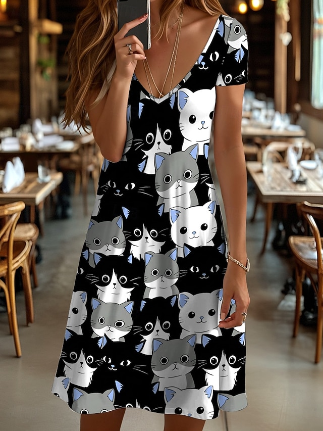  Damen Minikleid Freizeitkleid T-Shirt-Kleid A Linie Kleid Sommerkleid Urlaub Lässig Ferien Normale Passform Grafik Tiermotiv Katze Kurzarm Rundhalsausschnitt V Ausschnitt Schwarz und Weiß Gelb Rosa