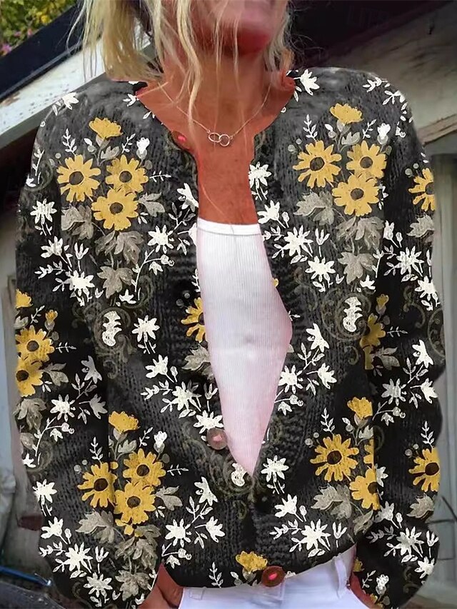 Women's Sweater Cardigan Fashion Streetwear Daily Animal Ribbed Open Front Knitted Print Long Sleeve Long Tops Knit Holiday Going out Weekend Black White Fall Winter4