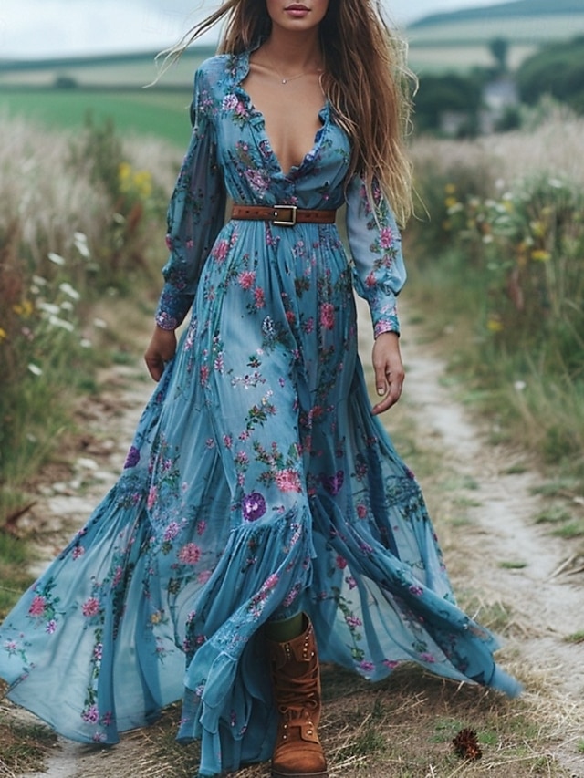  Dame Lang kjole Maxikjole Floral kjole Boho-kjole Western kjole Elegant Mote Moderne utendørs Feriereise Daglig Normal Blomsternål i krystall Langermet V-hals Blå Sommer