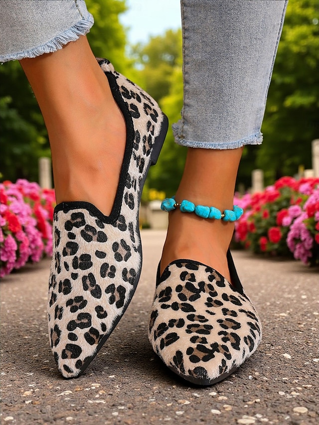  Mocassini da donna con stampa leopardata - scarpe basse casual slip-on con stampa animalier, comode scarpe da passeggio con punta affilata per l'uso quotidiano, passeggiate all'aperto e viaggi