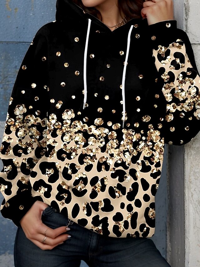 Women's Hoodie Pullover Sweatshirt Oversized Long Sleeve Casual Graphic Leopard Warm Active Hooded Regular Tops Street Dailywear Print Brown Spring Fall Winter4